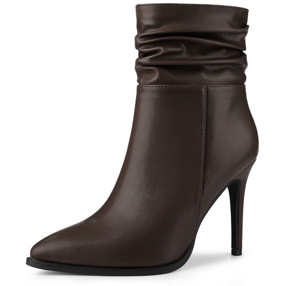 Slouchy Pointed Toe Side Zip Stiletto Heel Coffee Ankle Boots